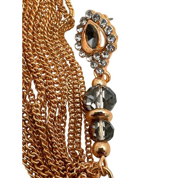 Glamorous Gold Chain Tassel Earrings Crystal Bead Rhinestone Victorian Revival - Picture 5 of 6